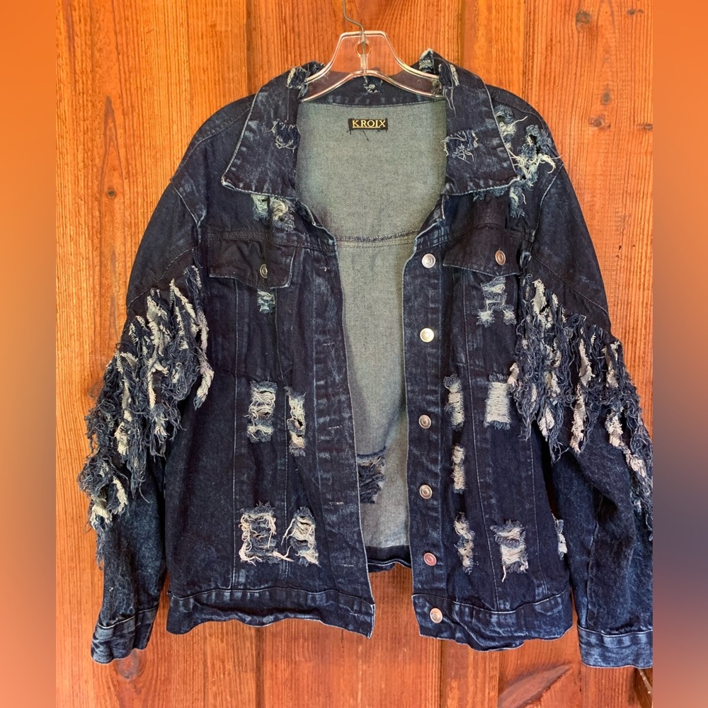 Kroix Distressed Denim Jacket Frayed Fringe Acid Washed Women’s Size XL